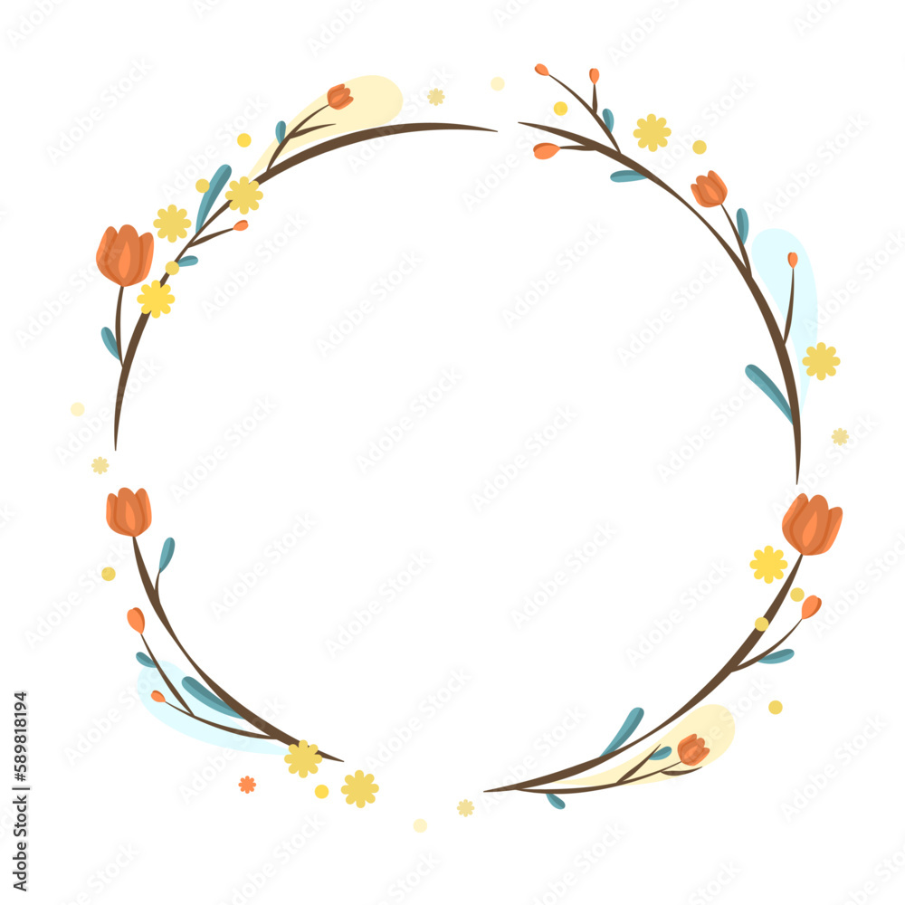 Couronne de fleurs aux couleurs d'automne, cadre d√©coratif rond avec emplacement transparent pour photo, branches de bois et feuilles vertes, ambiance nature et douce pour un faire-part de naissance