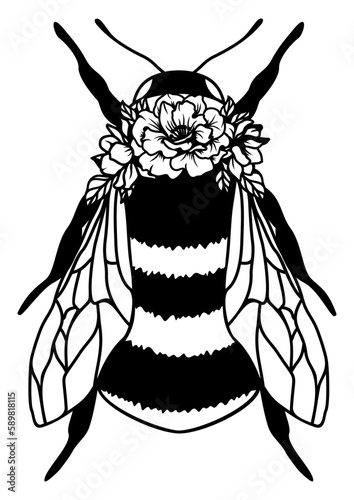 Cute bee with flowers, outline vector illustration