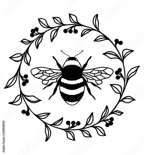 Bee with wreath frame outline, vector illustration