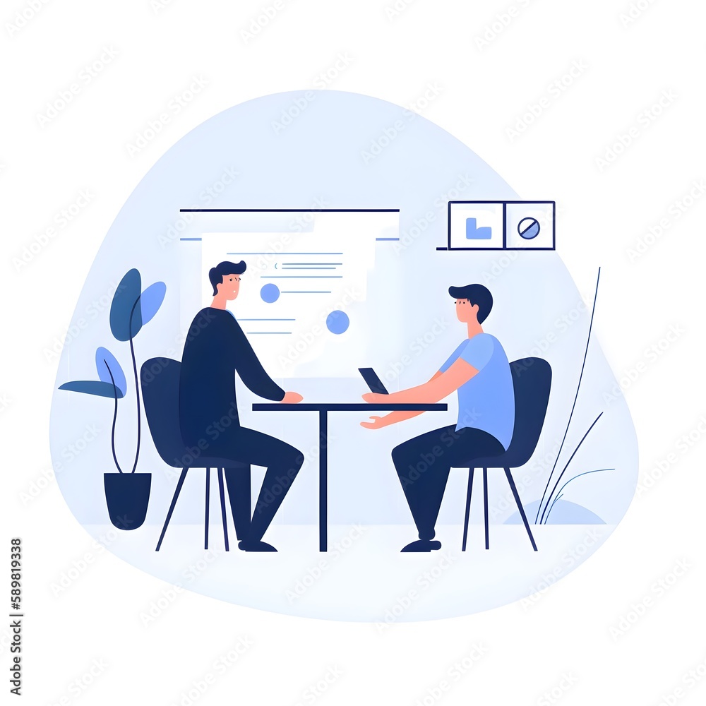 Two people sitting and working together in an office setting in minimalistic art style. Corporate office and startup concept art created with Generative AI Technology. 
