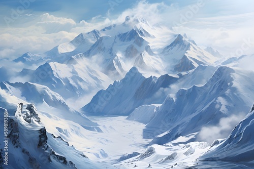Beautiful Snow mountains surrounded by clouds. Himalayan mountains concept art created with Generative AI Technology.