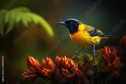 black-faced honeycreeper - rare bird on a branch of an old tree in the rainforest, generative ai