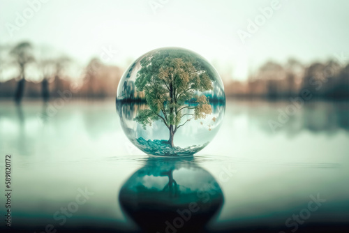 Green tree in a drop water. ecology  nature conservation  environmental protection  Earth Day. Illustration generated by AI