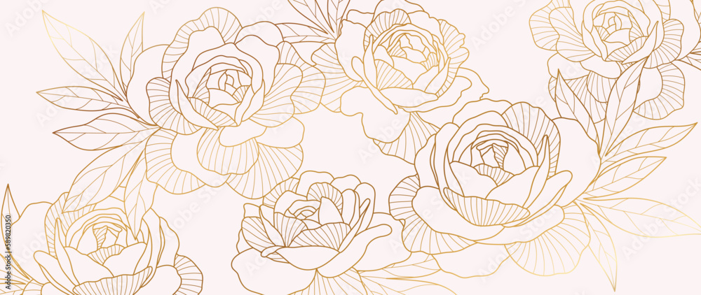 Luxury golden rose flower line art background vector. Natural botanical elegant flower with gold line art. Design illustration for decoration, wall decor, wallpaper, cover, banner, poster, card. - obrazy, fototapety, plakaty 