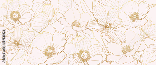 Luxury gold poppy flower line art background vector. Natural botanical elegant flower with gold line art. Design illustration for decoration, wall decor, wallpaper, cover, banner, poster, card.