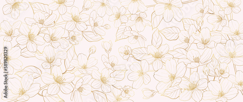 Luxury gold cherry blossom line art background vector. Natural botanical elegant flower with gold line art. Design illustration for decoration, wall decor, wallpaper, cover, banner, poster, card.