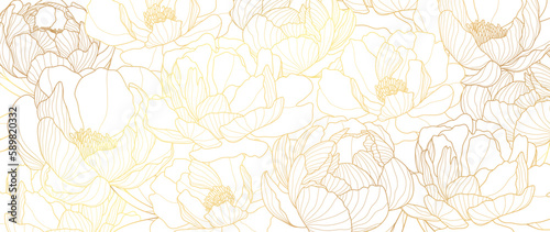 Luxury gold peony flower line art background vector. Natural botanical elegant flower with gold line art. Design illustration for decoration, wall decor, wallpaper, cover, banner, poster, card.
