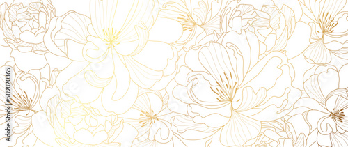 Luxury gold wildflower line art background vector. Natural botanical elegant flower with gold line art. Design illustration for decoration, wall decor, wallpaper, cover, banner, poster, card.
