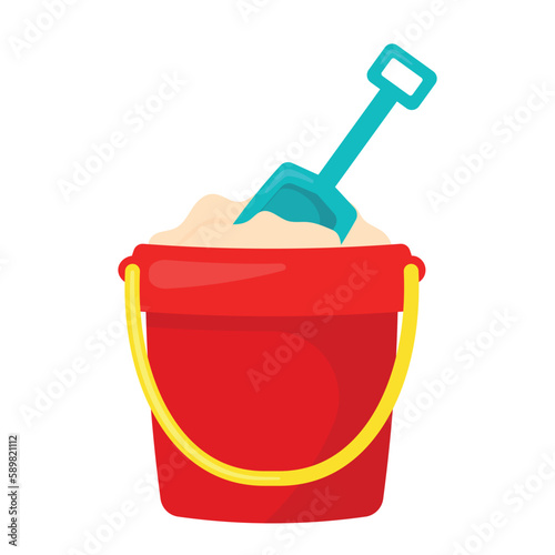 Sand in red bucket with shovel icon vector illustration for summer kid toys and game