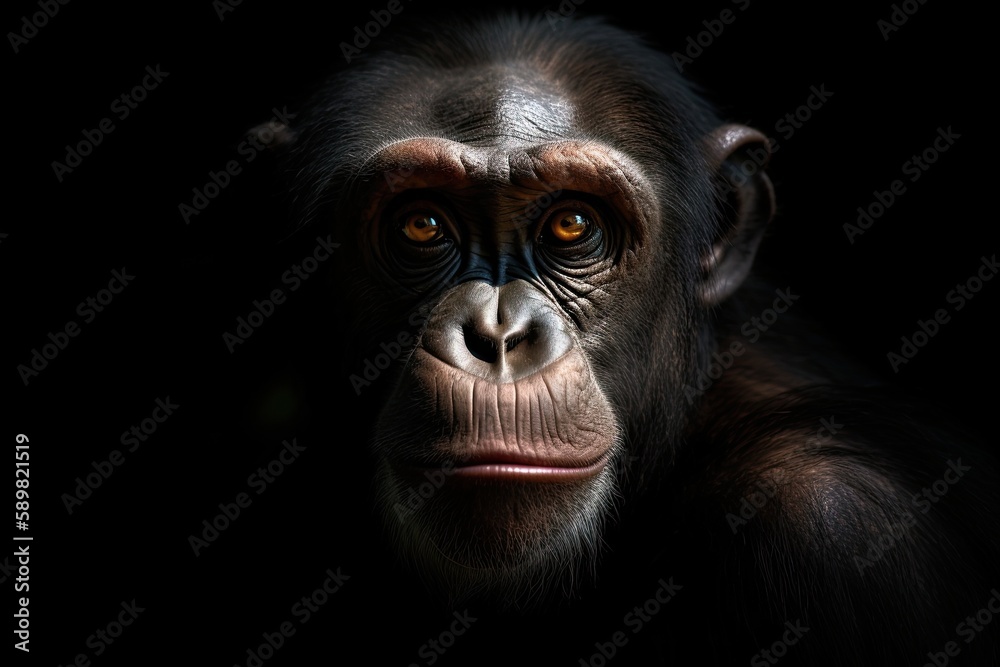 Ape face portrait. black background. generative ai Ape face portrait. black background. generative ai