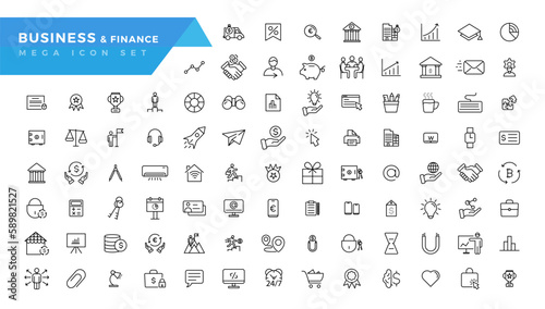   business and finance editable stroke line icon set with money, bank, check, law, auction, exchance, payment, wallet, deposit, piggy, calculator, web and more isolated outline thin symbol.