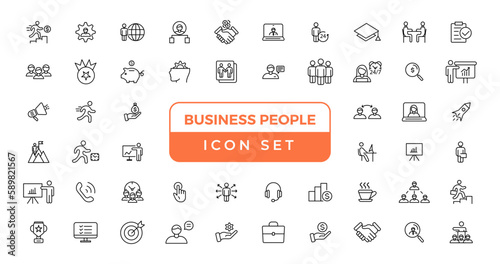  Business people line icons set. Businessman outline icons collection. Teamwork, human resources, meeting, partnership, meeting, work group, success, resume - stock vector.