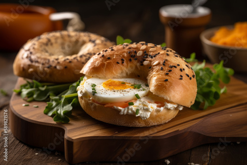 Smoked salmon with cream cheese and bagel, American breakfast. Ai generated.