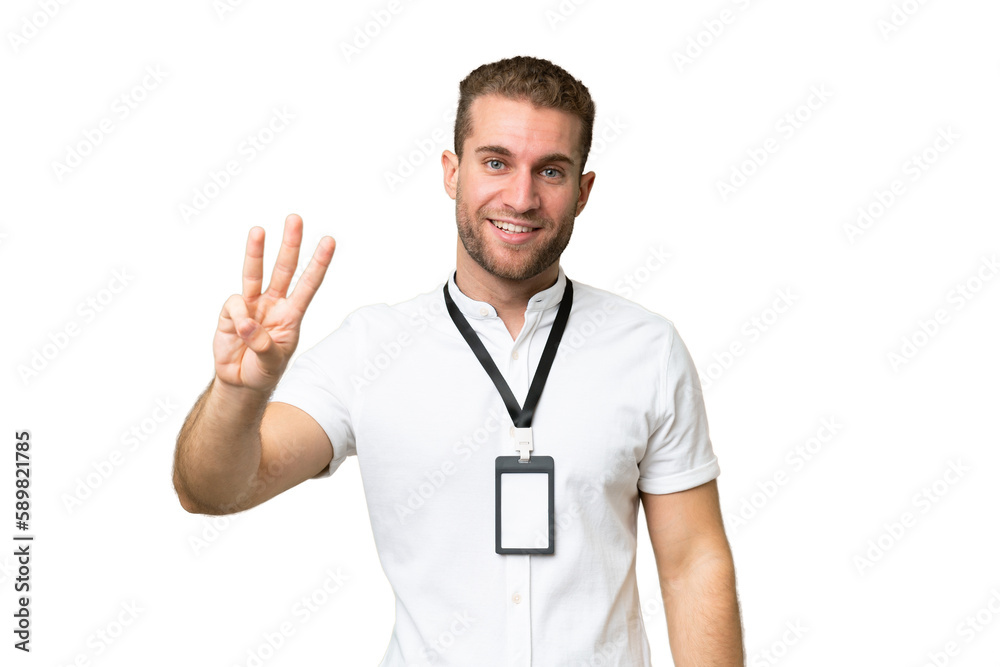 Young caucasian man with ID card isolated on green chroma background happy and counting three with fingers Young caucasian man with ID card isolated on green chroma background happy and counting three with fingers