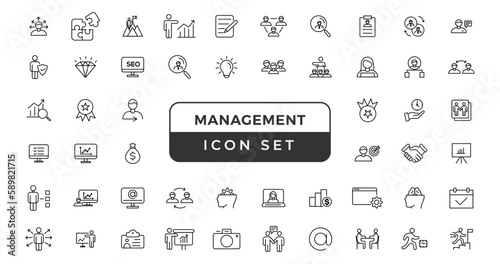  Business or management icon set. Containing manager, teamwork, strategy, marketing, business, planning, training, employee icons. Solid icons vector collection.