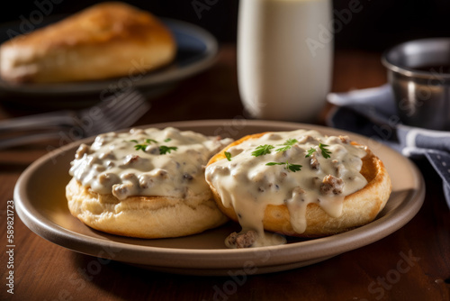Biscuits and gravy, American breakfast. Ai generated.
