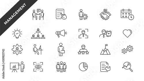  Business or management icon set. Containing manager, teamwork, strategy, marketing, business, planning, training, employee icons. Solid icons vector collection.