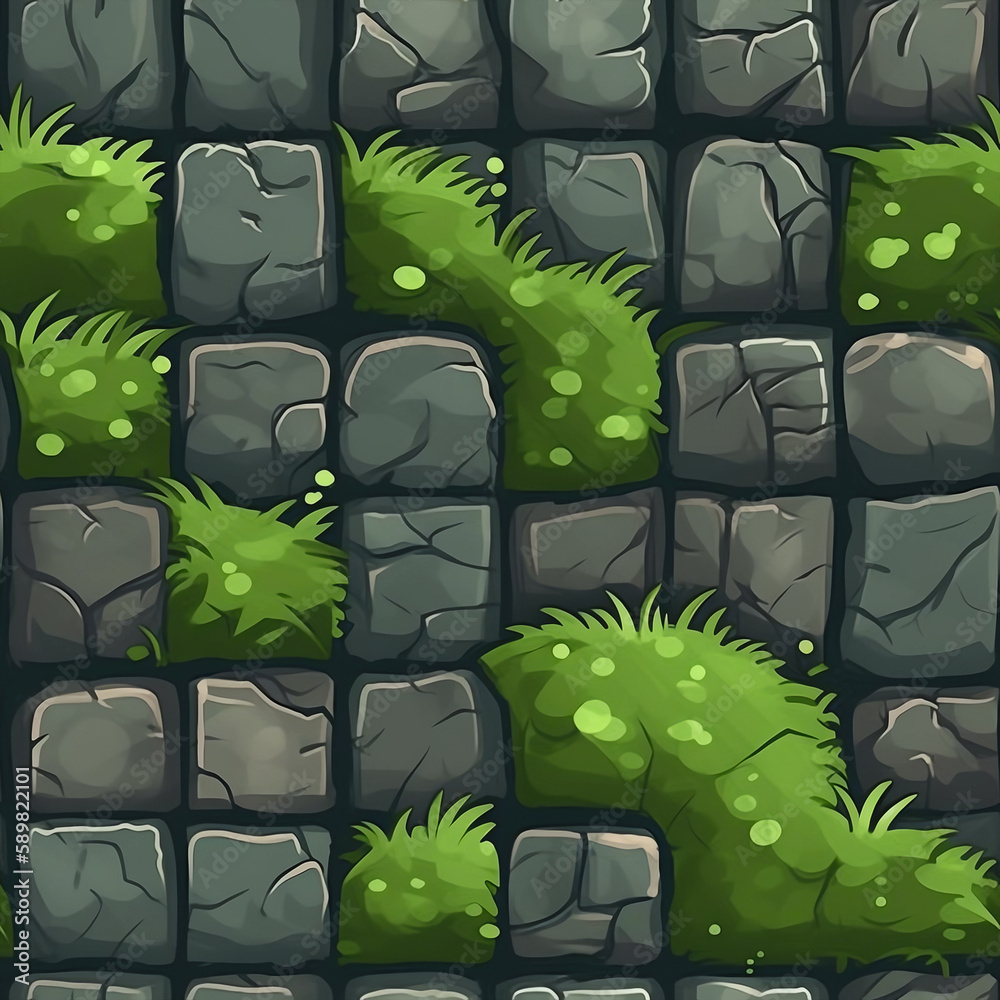 Seamless texture of stone floor tiles with grass. Hand painted style of ...