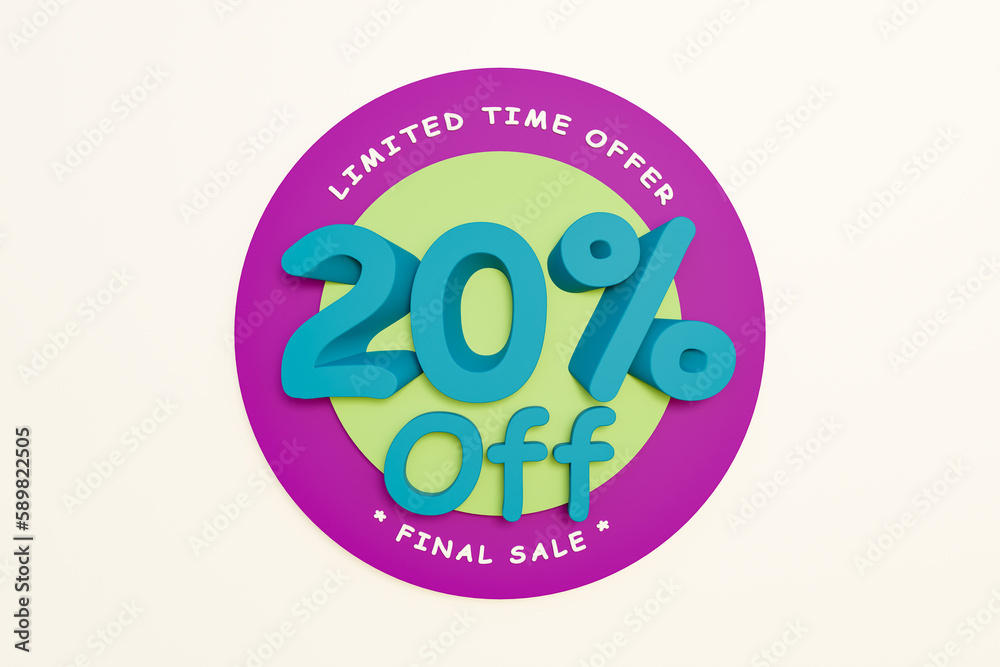20% off, sale and retail marketing. Sale, promotion, twenty percent discount, shopping event and special offer sign. Retail, online store and shopping activity to safe money. 3D illustration 20% off, sale and retail marketing. Sale, promotion, twenty percent discount, shopping event and special offer sign. Retail, online store and shopping activity to safe money. 3D illustration