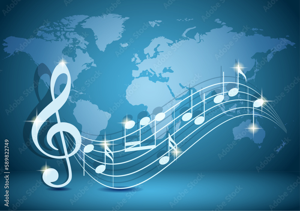 blue vector background with wavy music notes and shadow and light blue world map