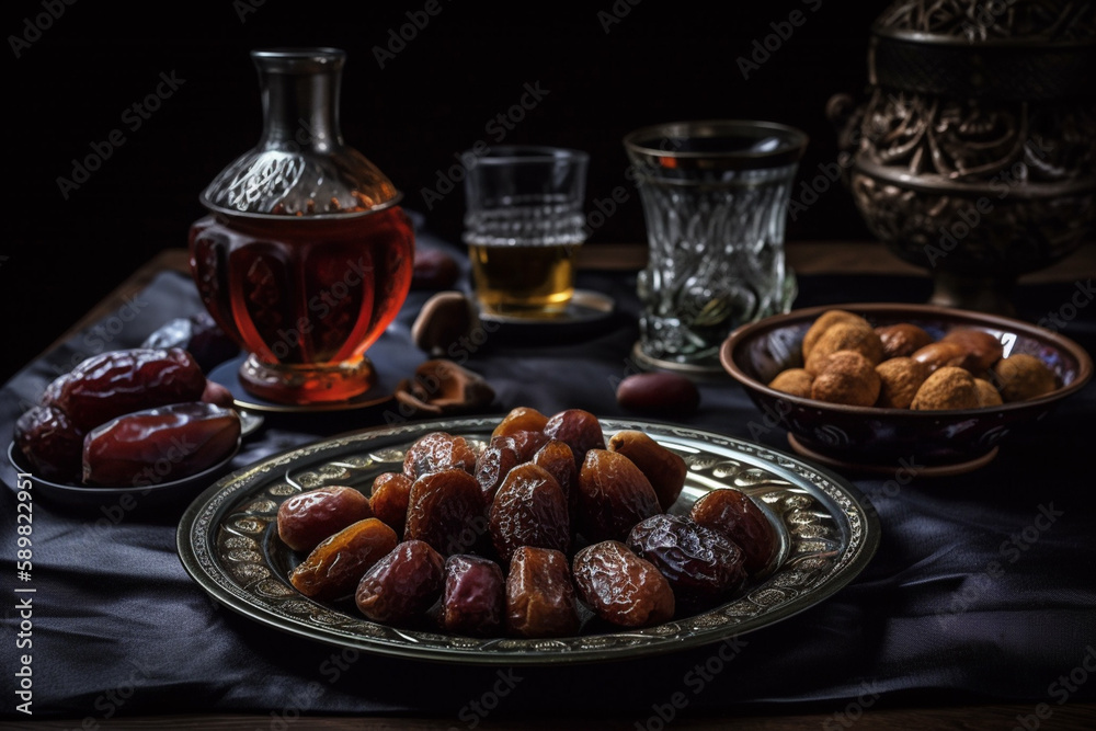 Middle Eastern traditional food during Iftar dinner on Ramadan. Generative ai