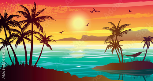 Tropical landscape with sea, sunset and palm trees. Abstract landscape. Tropical paradise island. © VETOCHKA