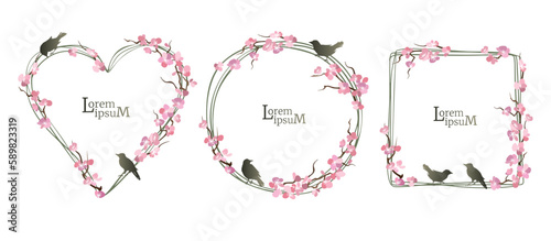 Sakura frames set with birds. Sakura collection for wedding invitation, posters, save the date, greeting card.