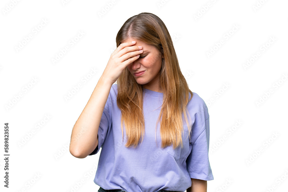 Young beautiful woman over isolated background with headache Young beautiful woman over isolated background with headache
