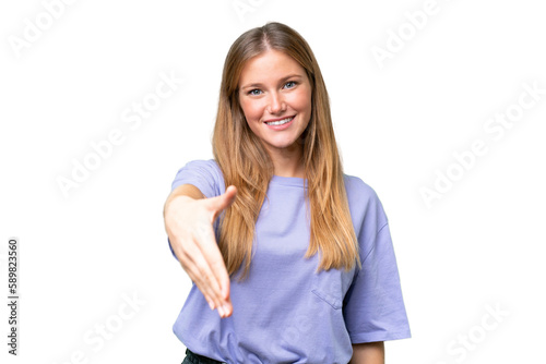 Young beautiful woman over isolated background shaking hands for closing a good deal