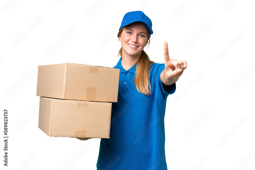 Delivery caucasian woman over isolated background showing and lifting a finger Delivery caucasian woman over isolated background showing and lifting a finger