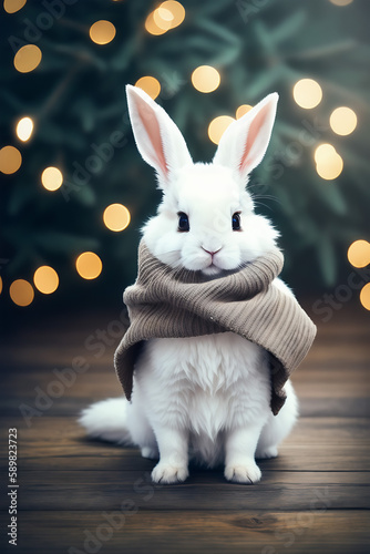Portrait of a adorable bunny  funny and cute face closeup  ready for christmas. isolated on beautiful bokeh background  created with generative ai 