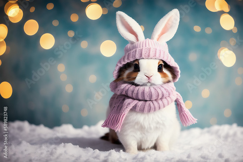 Portrait of a adorable bunny  funny and cute face closeup  ready for christmas. isolated on beautiful bokeh background  created with generative ai 