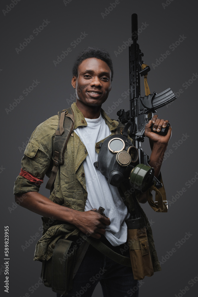 Portrait of african man pirate in setting of post apocalypse looking at camera. Portrait of african man pirate in setting of post apocalypse looking at camera.