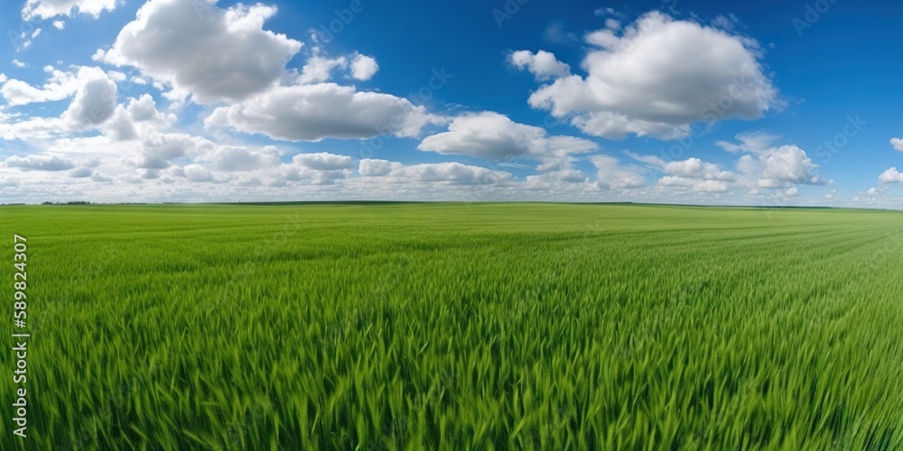 Empty green field and blue sky with rare clouds. Generative AI