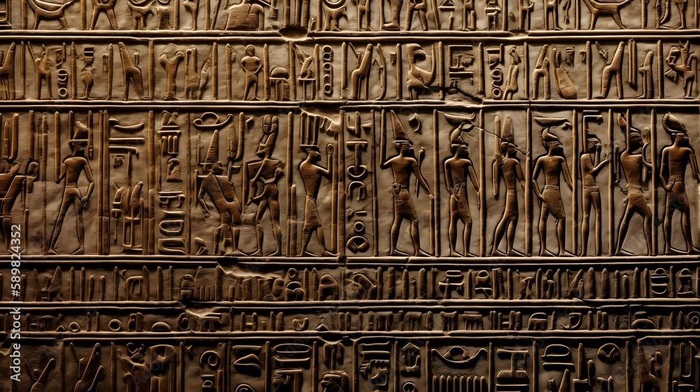 Hieroglyphics on a wall, egyptian, pyramids, generative AI