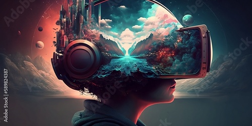 VR headset, double exposure, metaverse, futuristic virtual world, state of consciousness, technology, Generative AI technology.