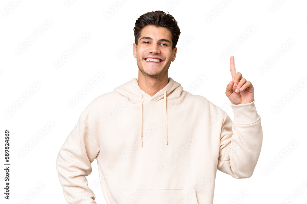 Young caucasian handsome man over isolated background showing and lifting a finger in sign of the best Young caucasian handsome man over isolated background showing and lifting a finger in sign of the best