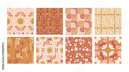 Seamless Pattern groovy boho collection 70s wall art flowers hippie kawaii 
