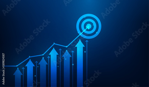 business strategy aiming at a target. achievement goal to  with arrow up graph. investment finance growth. vector illustration fantastic technology.
