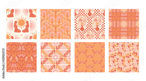 Seamless Pattern groovy boho collection 70s wall art flowers hippie kawaii 