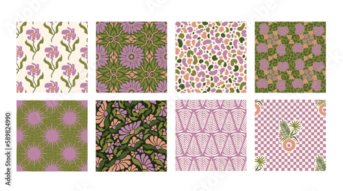 Seamless Pattern groovy boho collection 70s wall art flowers hippie kawaii 