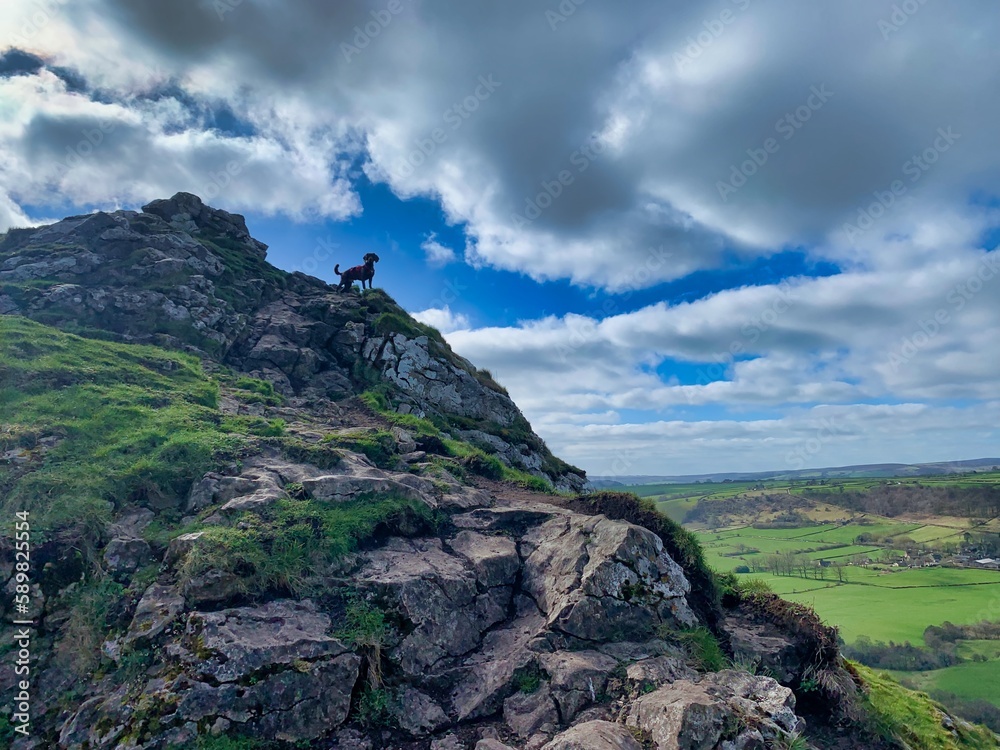 Hiking and scrambling with dog on mountains in the peak district 