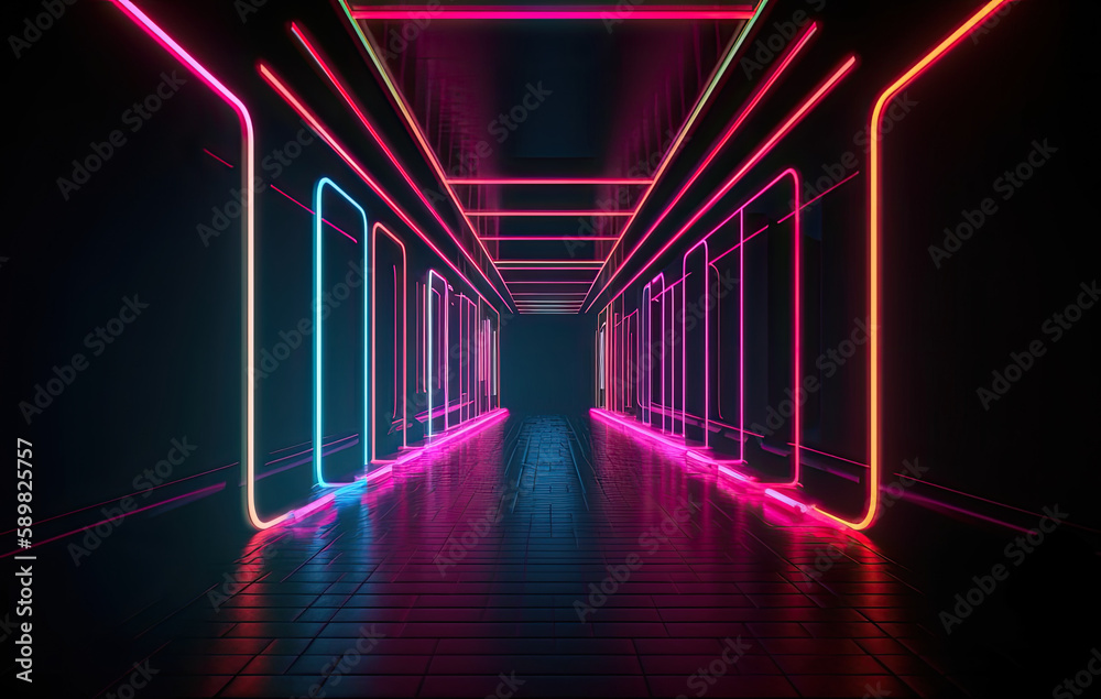 Futuristic neon space corridor in black ground. Created with Generative AI technology.