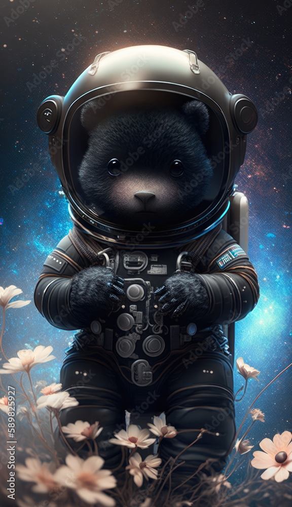 Fototapeta premium A cute baby black bear astronaut in space with floral and space background. Generative AI technology.