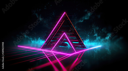 Neon triangular frame background on dark background. Created with Generative AI technology. photo