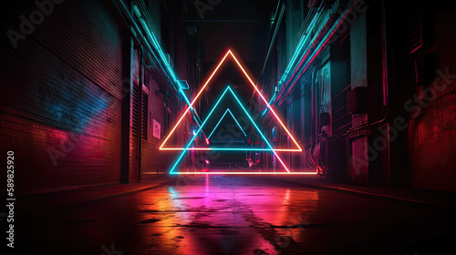 Neon triangular frame background on dark background. Created with Generative AI technology.