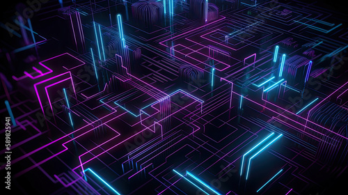 Intergrated circuit of microchip in neon lights style. Created with Generative AI technology. photo