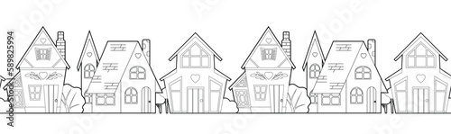 Vector seamless border with a contour country houses on white background. Horizontal monochrome frieze of outline homes front view for frame.