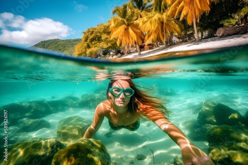 KI generated, Beautiful woman swims and dives in the dream Caribbean, between 2 worlds