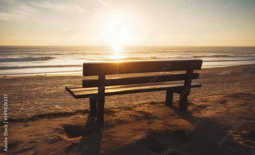 Bench on the beach. Beach chair on beach at sunset.
Generative AI.